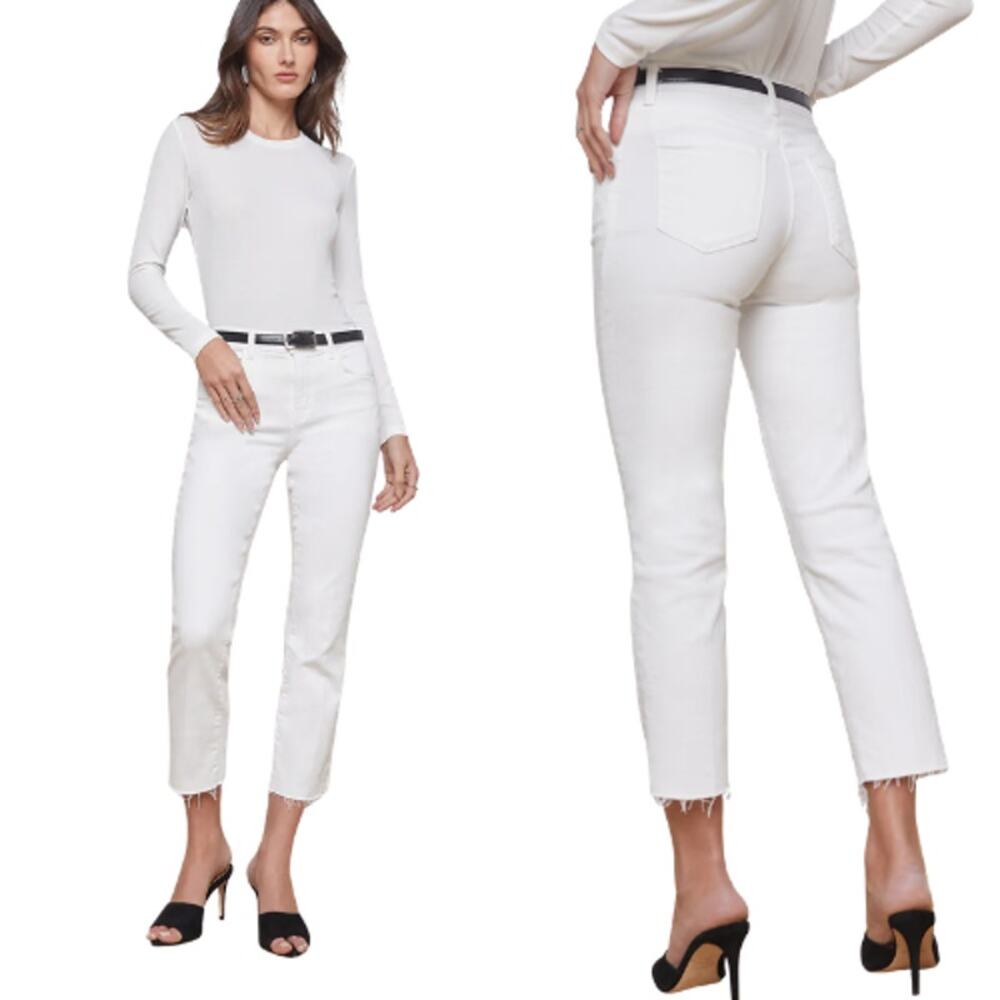 NEW L'Agence Sada High Rise Slim Leg Cropped Raw Edge Jeans White Size: 27
